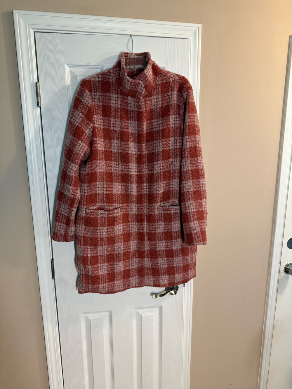 Old Navy Rust and Light Pink Plaid Pea Coat